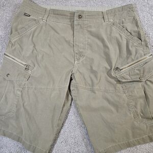 Kuhl Vintage Patina Khaki Cargo Shorts  Men's Size 36 Zip Pockets Hiking Outdoor